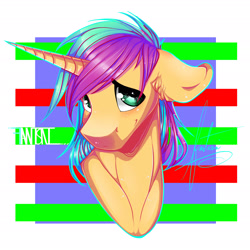 Size: 2155x2153 | Tagged: safe, artist:fantisai, oc, oc only, pony, unicorn, abstract background, bust, eyestrain warning, female, floppy ears, high res, horn, mare, signature, solo, unicorn oc