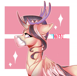 Size: 2017x2009 | Tagged: safe, artist:fantisai, oc, oc only, deer, pegadeer, pony, abstract background, bust, high res, horn, smiling, solo