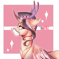 Size: 2017x2009 | Tagged: safe, alternate version, artist:fantisai, oc, oc only, deer, pegadeer, pony, abstract background, bust, high res, horn, simple background, smiling, solo, transparent background