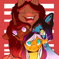 Size: 2000x2000 | Tagged: safe, artist:fantisai, oc, oc only, earth pony, pony, unicorn, :d, abstract background, earth pony oc, glasses, group, high res, horn, open mouth, open smile, signature, smiling, unicorn oc