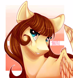 Size: 2000x2130 | Tagged: safe, artist:fantisai, oc, oc only, pegasus, pony, abstract background, bust, female, high res, mare, pegasus oc, signature, smiling, solo, wings