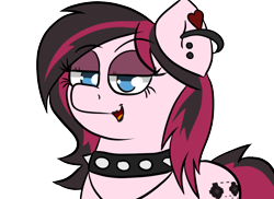 Size: 1100x800 | Tagged: safe, artist:tranzmuteproductions, oc, oc only, oc:xena, earth pony, pony, bedroom eyes, bust, choker, ear piercing, earring, earth pony oc, eyelashes, goth, jewelry, lipstick, piercing, simple background, smiling, solo, spiked choker, transparent background