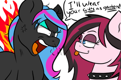 Size: 1209x800 | Tagged: safe, artist:tranzmuteproductions, oc, oc only, oc:obabscribbler, oc:xena, earth pony, pony, :p, angry, bust, choker, cross-popping veins, duo, earth pony oc, female, goth, male, mare, simple background, spiked choker, stallion, talking, tongue out, white background