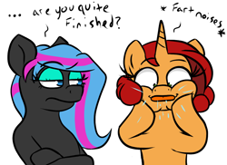 Size: 1100x800 | Tagged: safe, artist:tranzmuteproductions, oc, oc only, oc:obabscribbler, earth pony, pony, unicorn, bust, cheek squish, crossed arms, descriptive noise, dialogue, duo, earth pony oc, horn, simple background, squishy cheeks, unamused, unicorn oc, white background