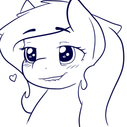 Size: 1094x1098 | Tagged: safe, artist:zombietator, oc, oc only, oc:claire, earth pony, pony, blushing, earth pony oc, female, heart, lineart, lip bite, mare, monochrome, simple background, solo, white background