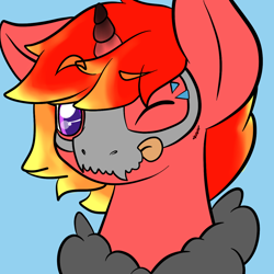 Size: 1200x1200 | Tagged: safe, artist:zombietator, oc, oc only, pony, unicorn, blue background, horn, mask, simple background, smiling, solo, unicorn oc