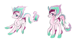 Size: 1521x831 | Tagged: safe, artist:tragedy-kaz, oc, oc only, alicorn, hybrid, pony, alicorn oc, duo, female, horn, interspecies offspring, magical lesbian spawn, mare, offspring, parent:princess celestia, parent:queen novo, parents:novolestia, simple background, white background, wings