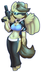 Size: 798x1408 | Tagged: safe, artist:afkregen, oc, oc only, oc:static spark, pegasus, anthro, unguligrade anthro, belly button, breasts, cleavage, clothes, collar, female, fishnet stockings, gun, handgun, pistol, solo, sunglasses, weapon, wings