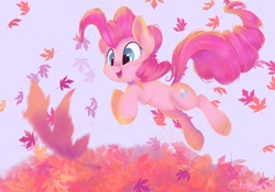 Size: 1932x1354 | Tagged: safe, artist:sketchiix3, pinkie pie, earth pony, pony, g4, autumn, autumn leaves, cute, diapinkes, female, happy, jumping, leaf, leaves, mare, open mouth, open smile, simple background, smiling, solo
