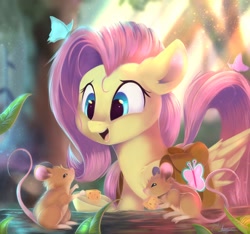 Size: 1280x1200 | Tagged: safe, artist:sketchiix3, fluttershy, butterfly, mouse, pegasus, pony, g4, bag, cheese, cute, daaaaaaaaaaaw, eating, female, food, mare, open mouth, open smile, saddle bag, shyabetes, smiling, solo