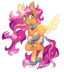 Size: 957x1070 | Tagged: dead source, safe, artist:plushiepoms, sunny starscout, alicorn, pony, g5, my little pony: a new generation, alicornified, chest fluff, ear fluff, female, heart eyes, jewelry, mane stripe sunny, mare, princess sunny starscout, race swap, regalia, simple background, solo, sunnycorn, transparent background, wingding eyes