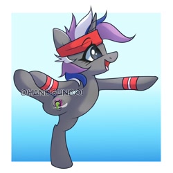 Size: 1500x1500 | Tagged: safe, artist:handgunboi, oc, oc only, pony, unicorn, bipedal, commission, female, gradient background, headband, open mouth, solo, standing, standing on one leg, wristband, yoga, yoga pose