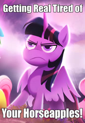 Size: 792x1149 | Tagged: safe, artist:imalou, edit, fluttershy, twilight sparkle, alicorn, pony, g5, my little pony: a new generation, caption, cropped, frown, getting real tired of your shit, image macro, meme, reaction image, solo focus, text, twilight sparkle (alicorn), twilight sparkle is not amused, unamused