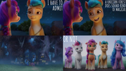 Size: 1280x720 | Tagged: safe, edit, edited screencap, editor:quoterific, screencap, hitch trailblazer, izzy moonbow, pipp petals, sunny starscout, zipp storm, earth pony, pegasus, pony, unicorn, g5, my little pony: a new generation, spoiler:g5, spoiler:my little pony: a new generation, bridlewood, female, male, mane five, mare, night, open mouth, open smile, smiling, stallion