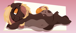 Size: 1440x632 | Tagged: safe, artist:rhythmpixel, oc, oc only, oc:sweet marble, earth pony, pony, belly, belly button, lineless, looking at you, lying down, on side, solo, tail, tail bun