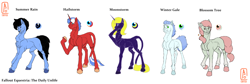 Size: 3600x1206 | Tagged: safe, artist:anelaponela, oc, oc:blossom tree, oc:hailstorm, oc:moonstorm, oc:summer rain, oc:winter gale, earth pony, pony, unicorn, fallout equestria, ear fluff, earth pony oc, fallout equestria: the daily unlife, female, headcanon, horn, leonine tail, looking at you, male, raised hoof, redesign, reference sheet, simple background, smiling, smiling at you, tail, unicorn oc