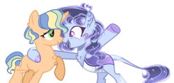 Size: 1280x610 | Tagged: safe, artist:katelynleeann42, artist:magicallightsentryyt, oc, oc only, oc:lavender skies, oc:radiant seeds, changepony, hybrid, pony, unicorn, bipedal, female, interspecies offspring, mare, offspring, parent:pharynx, parent:trixie, parents:phartrix, simple background, transparent background