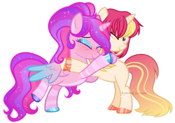 Size: 1280x897 | Tagged: safe, artist:afterglory, artist:katelynleeann42, oc, oc only, oc:starflight sparkle, alicorn, pony, unicorn, bipedal, duo, duo female, eyes closed, female, hug, mare, one eye closed, simple background, transparent background