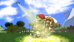 Size: 3840x2160 | Tagged: safe, artist:ma3a, bright mac, pear butter, g4, the perfect pear, 3d, apple, apple tree, beaming, canterlot castle, cloud, dematerializing, female, high res, implied grand pear, krita, male, ship:brightbutter, shipping, source filmmaker, star trek, story included, straight, sweet apple acres, transporter, tree, uss enterprise, voice actor joke