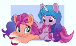 Size: 825x495 | Tagged: safe, artist:szafir87, izzy moonbow, sunny starscout, earth pony, pony, unicorn, g5, my little pony: a new generation, :3, animated, biting, blinking, blue eyes, bracelet, braid, chewing, cute, duo, duo female, eyebrows, female, gif, gradient mane, horn, izzy's nom, izzybetes, jewelry, lesbian, looking back, loop, lying down, lying on top of someone, mane bite, mare, munching, nom, prone, ship:moonscout, shipping, simple background, sunnybetes, szafir87 is trying to murder us, tail, unshorn fetlocks