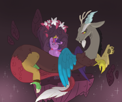 Size: 640x533 | Tagged: safe, artist:eggowomuffin, discord, twilight sparkle, alicorn, draconequus, pony, g4, crown, date, digital art, female, floating, flower, jewelry, male, regalia, rock, ship:discolight, shipping, straight, twilight sparkle (alicorn)