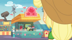 Size: 3410x1920 | Tagged: safe, screencap, applejack, micro chips, equestria girls, equestria girls specials, g4, my little pony equestria girls: better together, my little pony equestria girls: rollercoaster of friendship, applejack's hat, caramel apple (food), cowboy hat, female, glasses, hat, high res, male