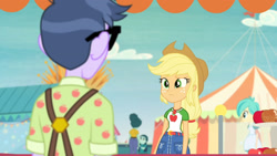 Size: 3410x1920 | Tagged: safe, screencap, applejack, micro chips, mint chip, tennis match, equestria girls, equestria girls specials, g4, my little pony equestria girls: better together, my little pony equestria girls: rollercoaster of friendship, applejack's hat, belt, caramel apple (food), clothes, cowboy hat, cutie mark, cutie mark on clothes, denim skirt, female, geode of super strength, hat, high res, magical geodes, male, skirt