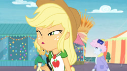 Size: 3410x1920 | Tagged: safe, screencap, applejack, snails, snips, equestria girls, equestria girls specials, g4, my little pony equestria girls: better together, my little pony equestria girls: rollercoaster of friendship, applejack's hat, cowboy hat, female, geode of super strength, hat, high res, jewelry, magical geodes, male, necklace, one eye closed, open mouth