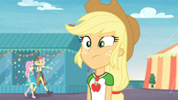 Size: 3410x1920 | Tagged: safe, screencap, applejack, fluttershy, vignette valencia, equestria girls, equestria girls specials, g4, my little pony equestria girls: better together, my little pony equestria girls: rollercoaster of friendship, applejack's hat, cowboy hat, female, geode of fauna, geode of super strength, hat, high res, jewelry, magical geodes, necklace