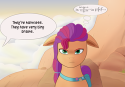 Size: 2805x1951 | Tagged: safe, artist:drakang, sunny starscout, earth pony, pony, g5, my little pony: a new generation, spoiler:my little pony: a new generation, bag, cloud, dialogue, fancy mathematics, female, floppy ears, mare, math, multicolored hair, offscreen character, pin, saddle bag, scene interpretation, solo, sunny starscout is not amused, tail