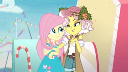 Size: 3410x1920 | Tagged: safe, screencap, fluttershy, vignette valencia, equestria girls, equestria girls specials, g4, my little pony equestria girls: better together, my little pony equestria girls: rollercoaster of friendship, clothes, cutie mark, cutie mark on clothes, female, geode of fauna, high res, jewelry, magical geodes, necklace, smiling