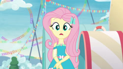 Size: 3410x1920 | Tagged: safe, screencap, fluttershy, equestria girls, equestria girls specials, g4, my little pony equestria girls: better together, my little pony equestria girls: rollercoaster of friendship, clothes, cutie mark, cutie mark on clothes, female, fluttershy boho dress, geode of fauna, hairpin, high res, jewelry, magical geodes, necklace, open mouth, solo