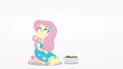 Size: 3410x1920 | Tagged: safe, screencap, fluttershy, equestria girls, equestria girls specials, g4, my little pony equestria girls: better together, my little pony equestria girls: rollercoaster of friendship, clothes, cutie mark, cutie mark on clothes, female, food, geode of fauna, hairpin, high res, jewelry, magical geodes, necklace, salad, sandals, solo