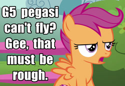 Size: 1040x720 | Tagged: safe, edit, edited screencap, screencap, scootaloo, pegasus, pony, g4, g5, my little pony: a new generation, the fault in our cutie marks, spoiler:g5, caption, female, filly, g5 pegasi can't fly, image macro, open mouth, purple eyes, scootaloo can't fly, scootaloo is not amused, solo, text, unamused, wings