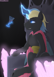 Size: 2480x3507 | Tagged: safe, artist:drawalaverr, oc, oc only, oc:king regal, changeling, alcohol, blue changeling, cape, clothes, double colored changeling, gem, glass, glowing, glowing eyes, high res, looking up, magic, magic aura, male, quadrupedal, sitting, solo, throne, wine, wine glass, wings, yellow changeling