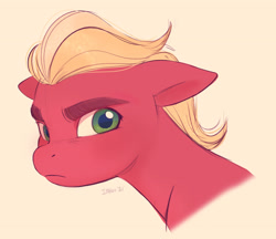 Size: 2823x2436 | Tagged: safe, artist:imalou, sprout cloverleaf, earth pony, pony, g5, my little pony: a new generation, bust, eyebrows, floppy ears, green eyes, high res, male, pink background, portrait, simple background, solo, stallion
