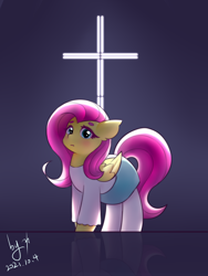Size: 2258x3000 | Tagged: safe, artist:ninebuttom, fluttershy, pegasus, pony, g4, christianity, cross, high res, looking at you, solo