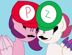 Size: 1304x1002 | Tagged: safe, artist:jadeharmony, pipp petals, zipp storm, g5, cap, crossover, female, hat, luigi, luigi's hat, male, mario, mario's hat, siblings, sisters, super mario bros.