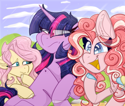 Size: 4000x3396 | Tagged: safe, artist:tizhonolulu, fluttershy, pinkie pie, twilight sparkle, earth pony, pegasus, pony, unicorn, g4, eye clipping through hair, heart eyes, open mouth, open smile, smiling, varying degrees of want, wingding eyes