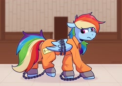 Size: 4093x2894 | Tagged: safe, artist:jellysketch, rainbow dash, pegasus, pony, g4, ankle chain, ankle cuffs, b-f16, bondage, bound wings, butt, chains, clothes, commission, courtroom, cuffs, grumpy, plot, prison, prison outfit, prisoner rd, solo, wings