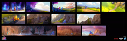 Size: 1920x626 | Tagged: safe, artist:alvaro ramirez, hitch trailblazer, izzy moonbow, sunny starscout, earth pony, pony, unicorn, g5, my little pony: a new generation, spoiler:my little pony: a new generation, cloud, concept art, female, forest, mountain, sky