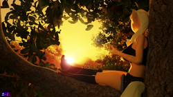 Size: 3840x2160 | Tagged: safe, artist:shadowboltsfm, applejack, earth pony, anthro, plantigrade anthro, g4, 3d, 4k, apple, beautiful, blender, boots, bra, breasts, clothes, crop top bra, crossed legs, food, high heel boots, high res, lens flare, not sfm, shoes, shorts, tree, underwear