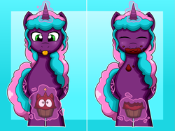 Size: 1463x1095 | Tagged: safe, artist:tuft~, oc, oc only, oc:crimson rune, oc:jinx weaver, pony, unicorn, 2 panel comic, :3, bite mark, blue background, blushing, both cutie marks, candle, cellular peptide cake (with mint frosting), commission, crumbs, cupcake, eating, eyes closed, eyes on the prize, female, food, food transformation, glowing, glowing horn, horn, inanimate tf, levitation, magic, mare, messy eating, out of frame, shrunken pupils, simple background, telekinesis, tongue out, transformation, wide eyes, wide hips