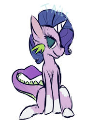 Size: 323x454 | Tagged: safe, artist:explicitlydone, oc, oc only, oc:rhinestone, dracony, hybrid, pony, unicorn, coat markings, female, filly, interspecies offspring, offspring, parent:rarity, parent:spike, parents:sparity, simple background, socks (coat markings), solo, white background