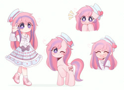 Size: 1961x1418 | Tagged: safe, artist:arwencuack, oc, oc only, oc:sweet haze, earth pony, human, pony, anime style, blush sticker, blushing, clothes, commission, cute, dress, eye clipping through hair, eyes closed, female, hat, humanized, looking at you, mare, one eye closed, open mouth, raised hoof, simple background, smiling, smiling at you, solo, surprised, white background, white pupils, wink, winking at you