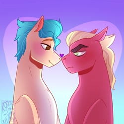 Size: 2500x2500 | Tagged: safe, artist:gothalite, hitch trailblazer, sprout cloverleaf, g5, my little pony: a new generation, annoyed, blushing, boop, floating heart, floppy ears, gay, heart, high res, lidded eyes, looking at each other, male, no pupils, noseboop, ship:clovertrail, shipping, smiling, sprout is not amused, stallion, unamused
