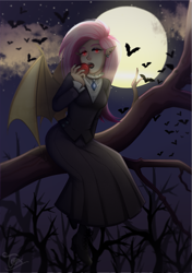 Size: 959x1362 | Tagged: safe, artist:toxiccolour, fluttershy, bat, human, monster girl, vampire, apple, boots, clothes, dress, ear piercing, earring, elf ears, eyeshadow, fangs, female, fluttergoth, food, full moon, humanized, jewelry, lipstick, makeup, moon, nail polish, night, piercing, shoes, solo, tree, winged humanization, wings