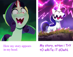 Size: 931x726 | Tagged: safe, artist:imalou, rarity, pony, g5, my little pony: a new generation, comparison, derp, evil rarity, faic, meme, novel, possessed, rarara, silly, silly pony, sproutity, stupid, writing