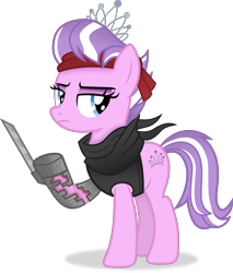 Size: 3459x4055 | Tagged: safe, artist:anime-equestria, diamond tiara, earth pony, pony, g4, alternate hairstyle, assassin's creed, blade, clothes, eyeshadow, female, headband, hidden blade, jewelry, makeup, mare, older, older diamond tiara, scarf, simple background, solo, tiara, transparent background, vector, vest, wasteland