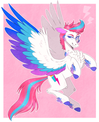 Size: 1068x1324 | Tagged: safe, artist:wanderingpegasus, zipp storm, pegasus, pony, g5, my little pony: a new generation, spoiler:my little pony: a new generation, cheek feathers, cheek fluff, chest fluff, colored eyebrows, colored eyelashes, colored pupils, ear fluff, feathered fetlocks, female, flying, grin, hoof fluff, leg fluff, mare, neck feathers, pink background, raised eyebrow, signature, simple background, smiling, solo, unshorn fetlocks, white pupils, wings